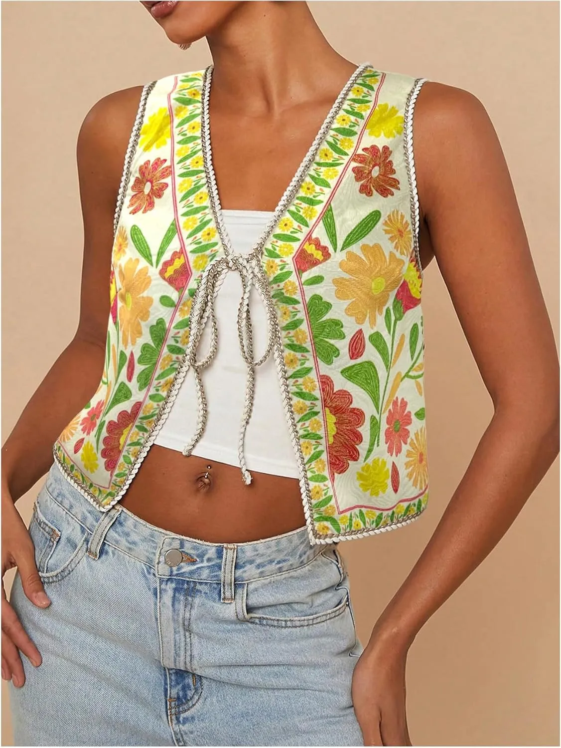 MakeMeChic Women's Floral V Neck Tank Top Sleeveless Tie Front Boho Vest