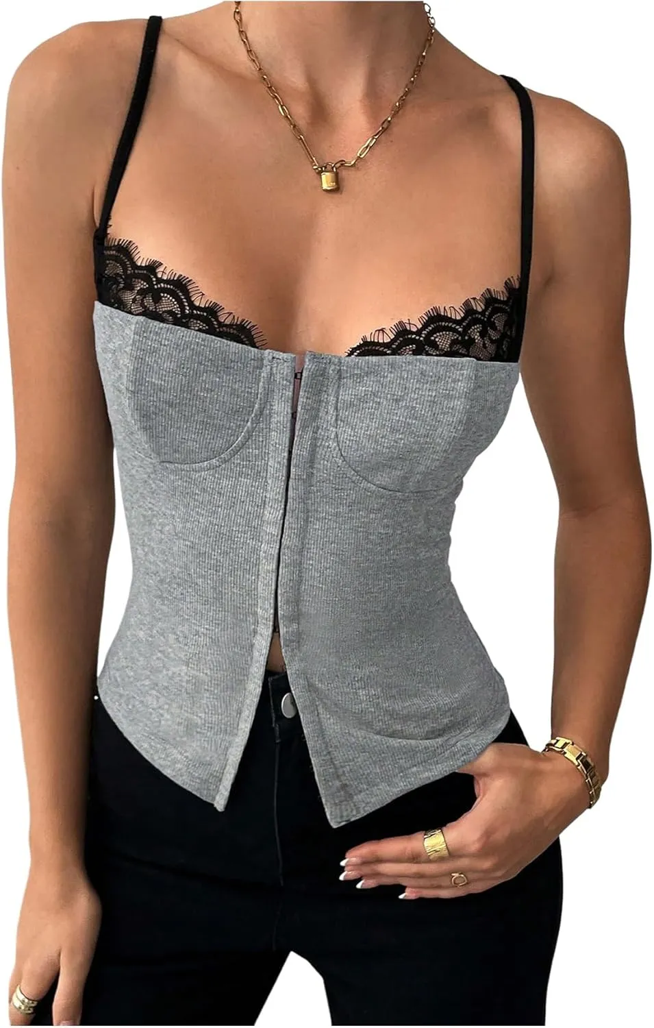 MakeMeChic Women's Lace Spaghetti Strap Camisole Top Sleeveless Split Summer Tank Tops