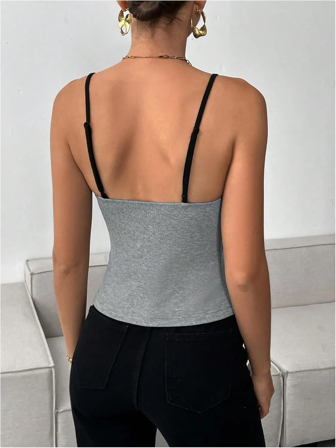 MakeMeChic Women's Lace Spaghetti Strap Camisole Top Sleeveless Split Summer Tank Tops