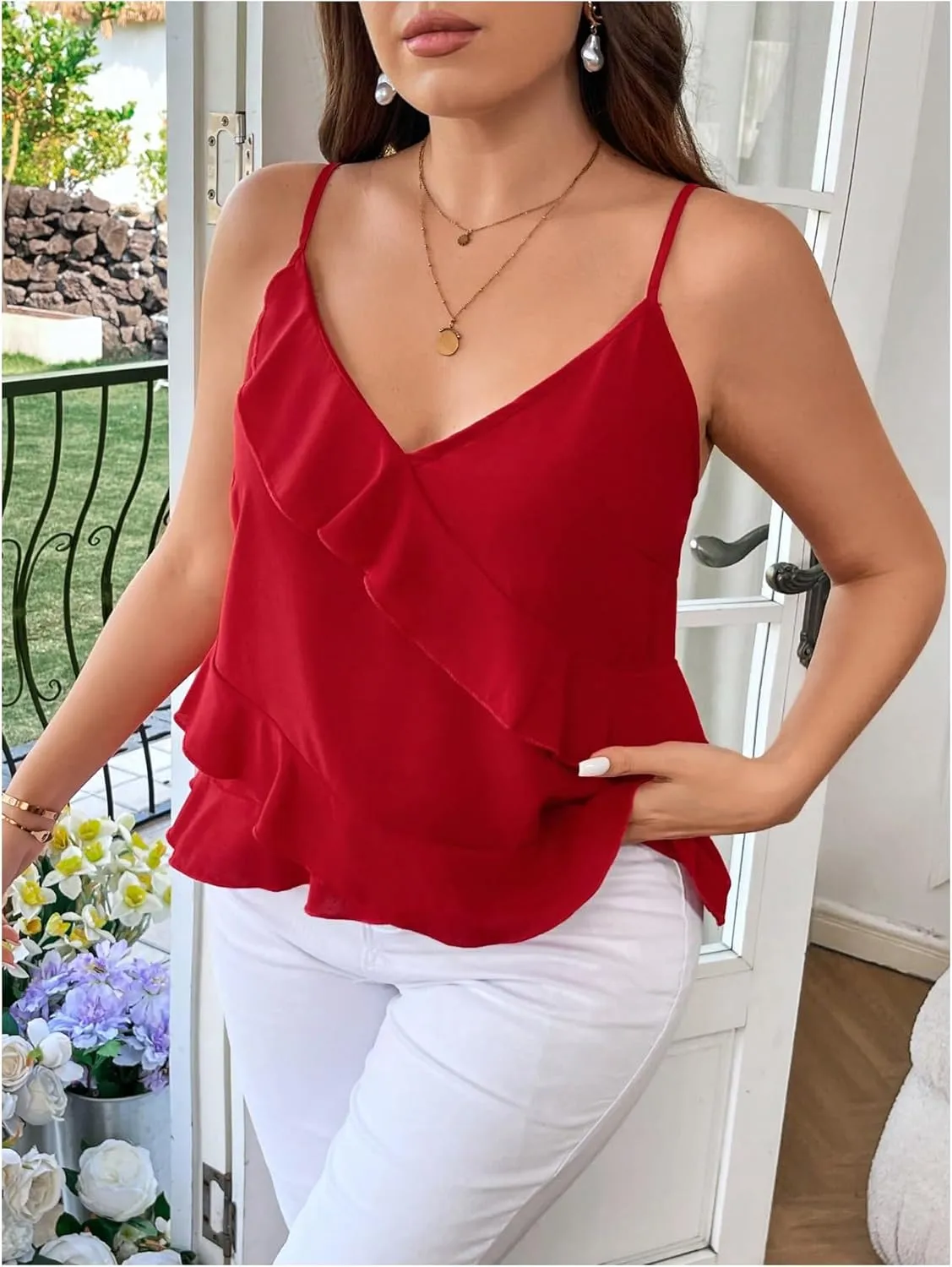MakeMeChic Women's Plus Size Camisole Asymmetrical Ruffle Tiered Spaghetti Strap Cami Top