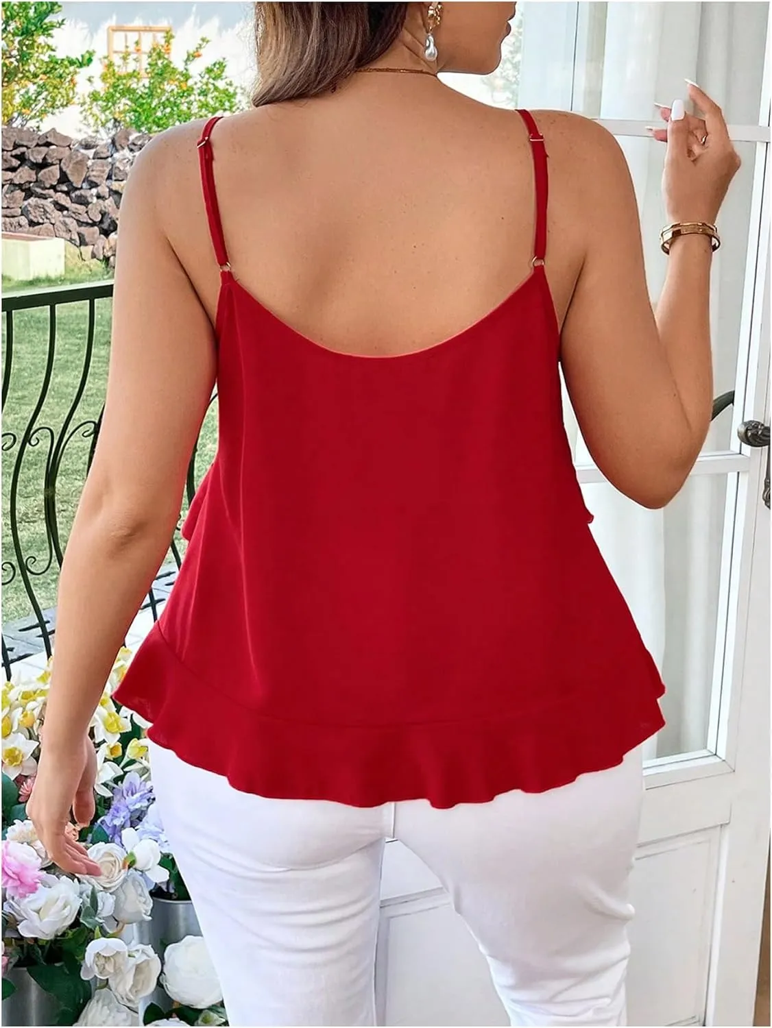 MakeMeChic Women's Plus Size Camisole Asymmetrical Ruffle Tiered Spaghetti Strap Cami Top