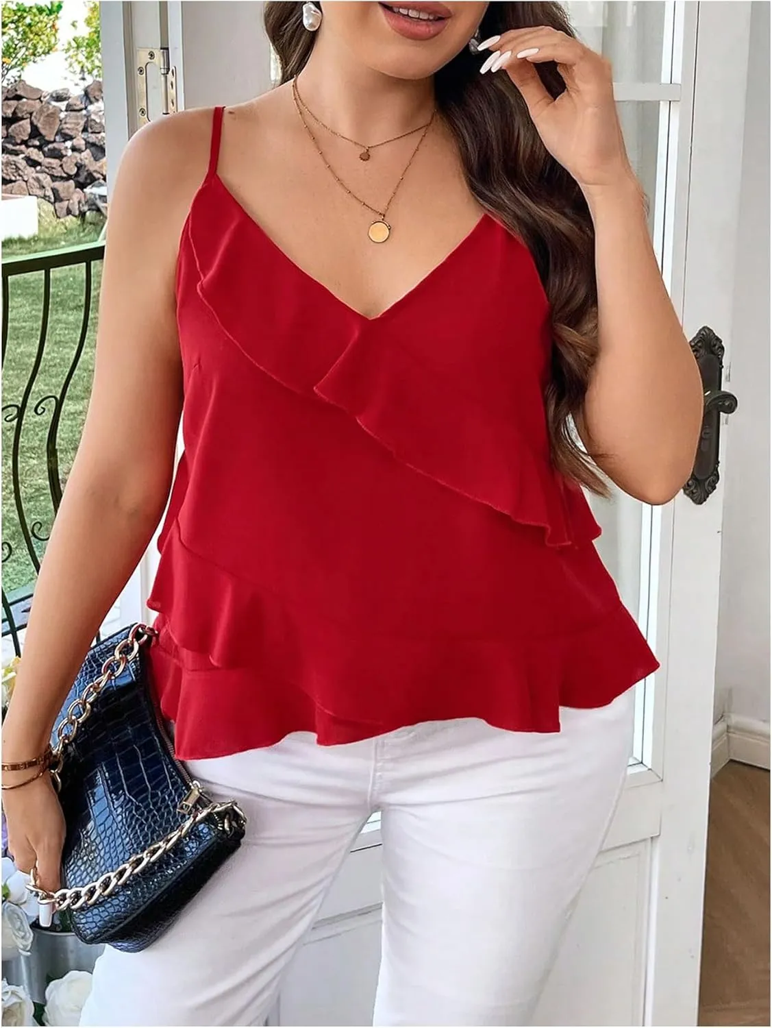 MakeMeChic Women's Plus Size Camisole Asymmetrical Ruffle Tiered Spaghetti Strap Cami Top