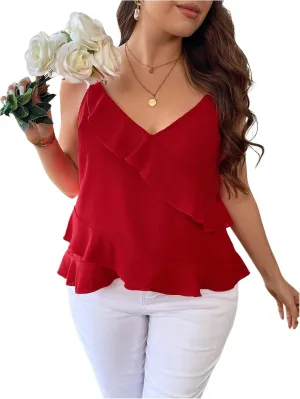 MakeMeChic Women's Plus Size Camisole Asymmetrical Ruffle Tiered Spaghetti Strap Cami Top
