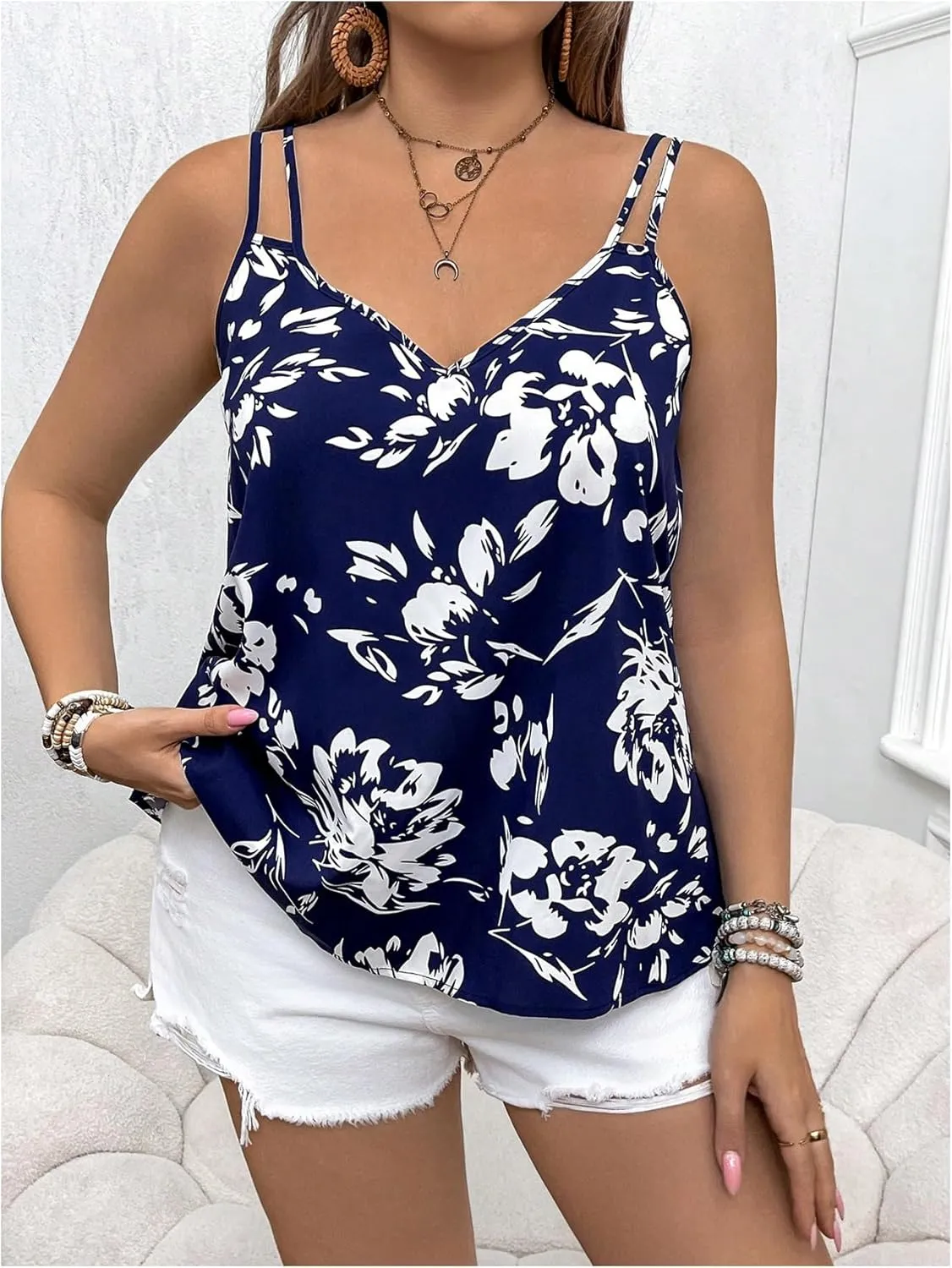 MakeMeChic Women's Plus Size Camisole Floral Print Spaghetti Strap Sleeveless Cami Top