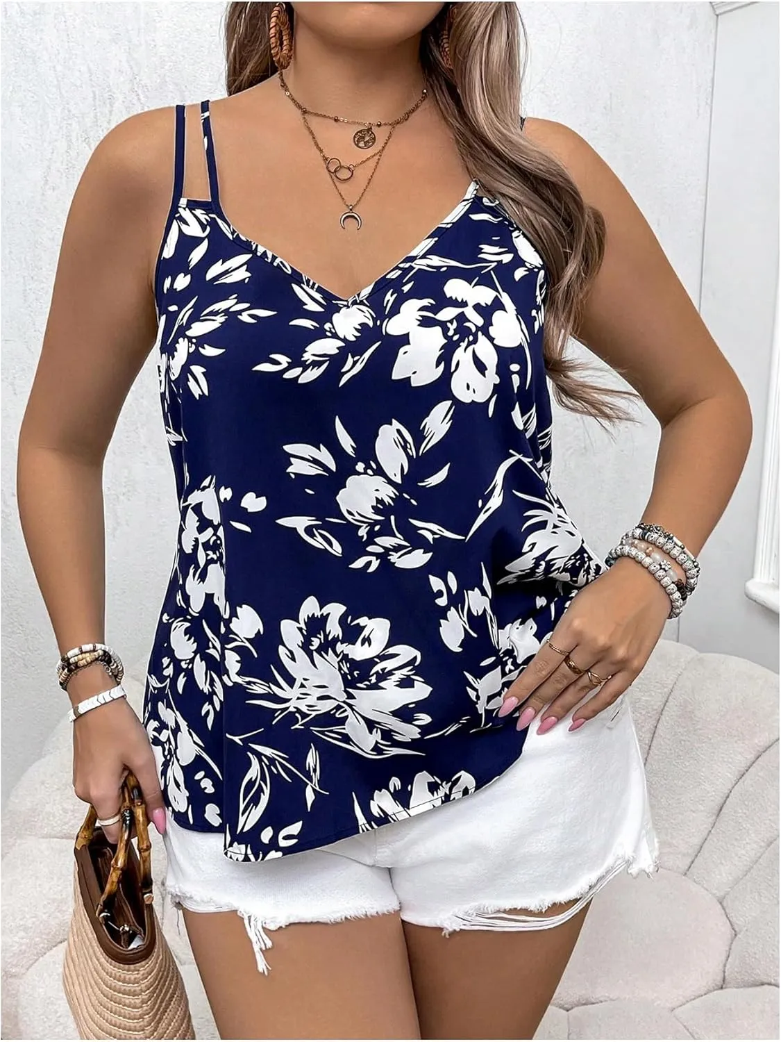 MakeMeChic Women's Plus Size Camisole Floral Print Spaghetti Strap Sleeveless Cami Top