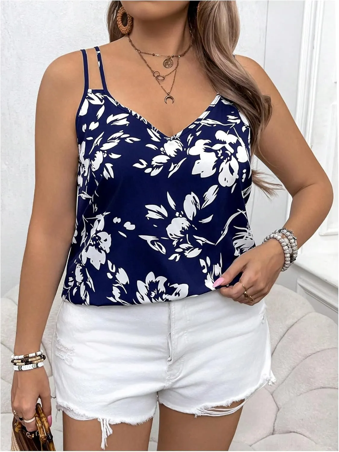 MakeMeChic Women's Plus Size Camisole Floral Print Spaghetti Strap Sleeveless Cami Top
