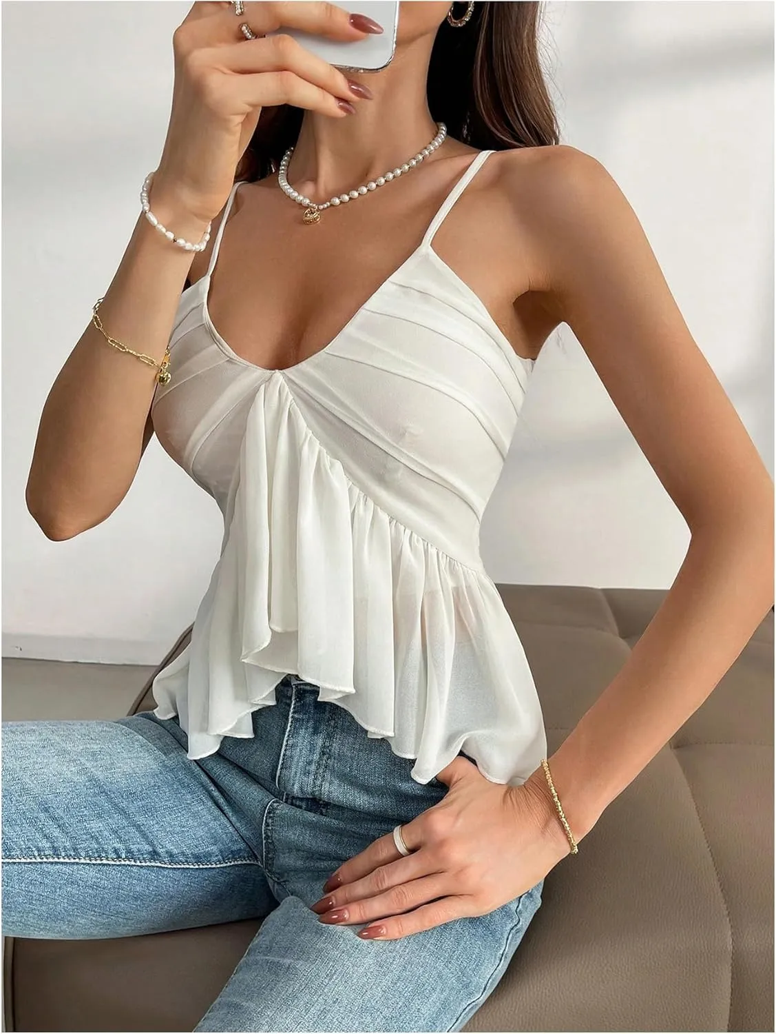 MakeMeChic Women's V Neck Spaghetti Strap Cami Top Pleated Ruffle Hem Camisole Tops