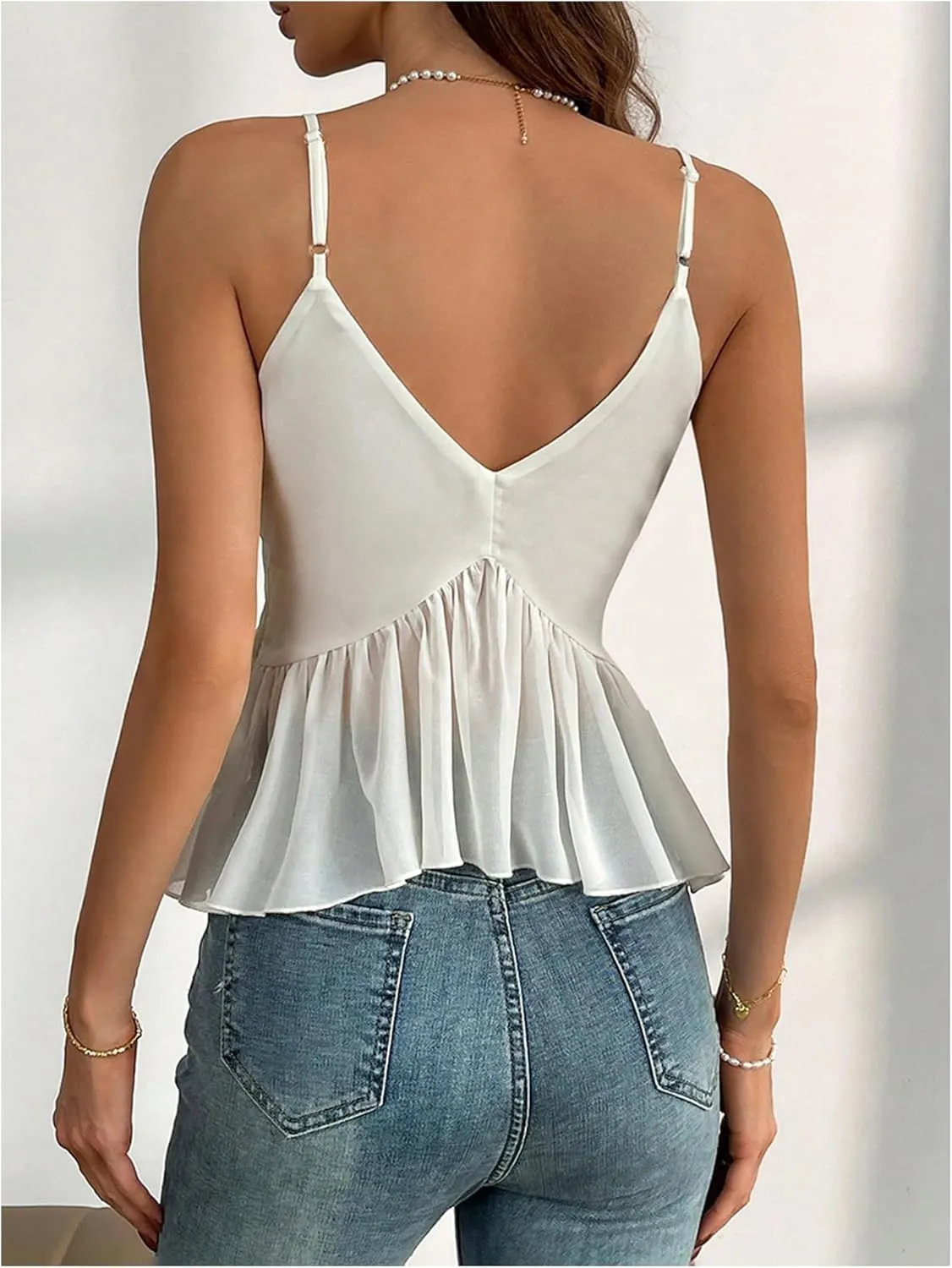 MakeMeChic Women's V Neck Spaghetti Strap Cami Top Pleated Ruffle Hem Camisole Tops