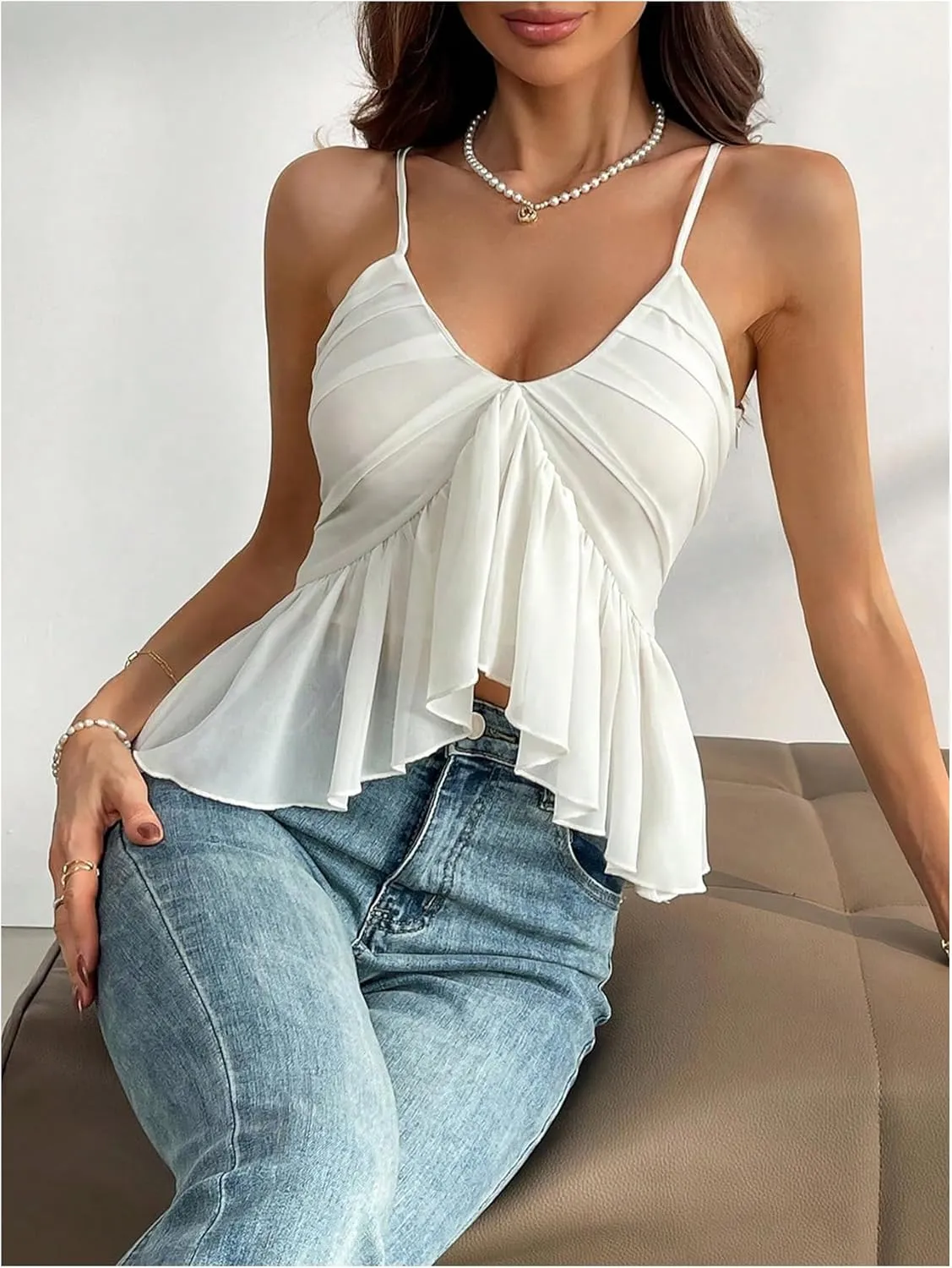 MakeMeChic Women's V Neck Spaghetti Strap Cami Top Pleated Ruffle Hem Camisole Tops