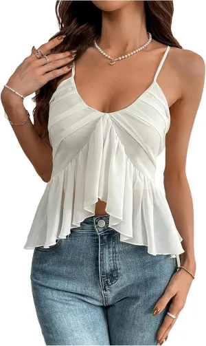 MakeMeChic Women's V Neck Spaghetti Strap Cami Top Pleated Ruffle Hem Camisole Tops
