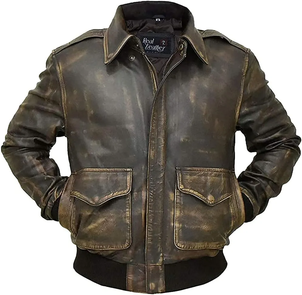 Mens A2 Leather Jacket WWII Air Force Flight Pilot Aviator Brown Bomber Leather Outerwear