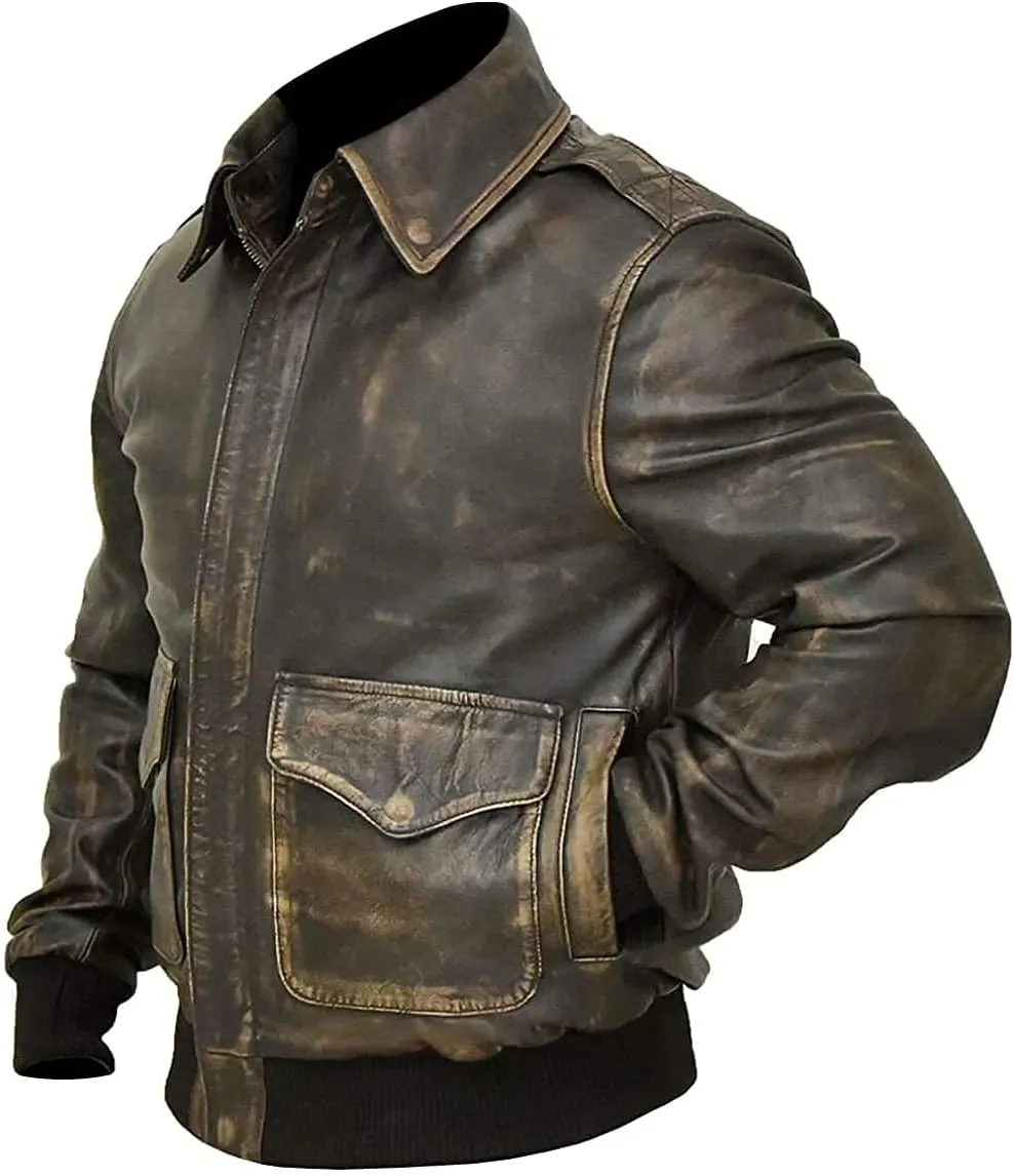 Mens A2 Leather Jacket WWII Air Force Flight Pilot Aviator Brown Bomber Leather Outerwear