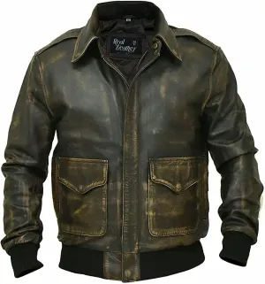 Mens A2 Leather Jacket WWII Air Force Flight Pilot Aviator Brown Bomber Leather Outerwear