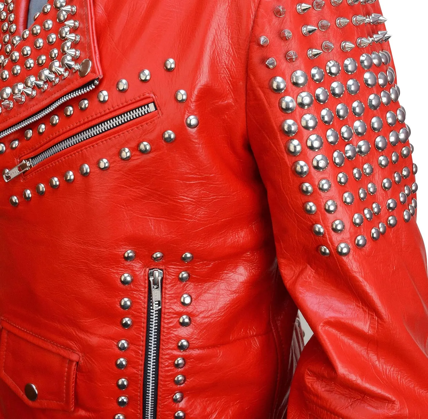 Men,s Brando Motorcycle Jacket - Studded Spikes Punk Rock Multicolor Cowhide Leather Biker Jackets