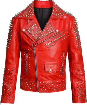 Men,s Brando Motorcycle Jacket - Studded Spikes Punk Rock Multicolor Cowhide Leather Biker Jackets