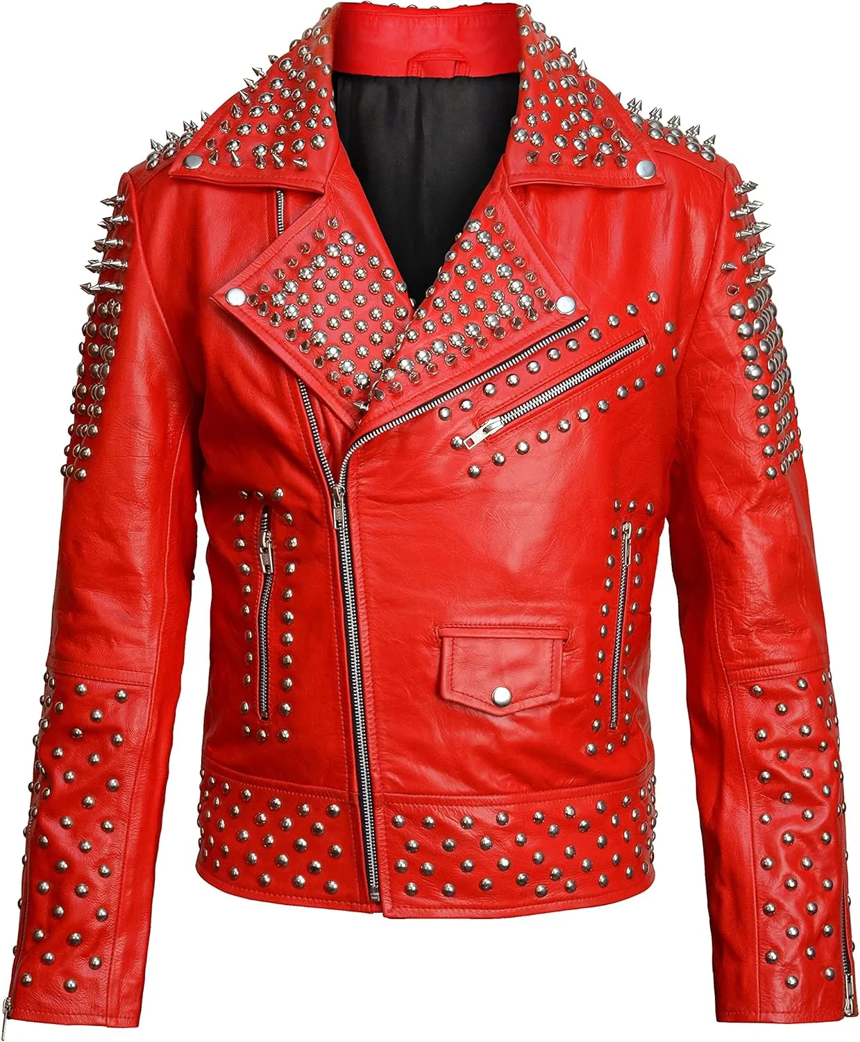 Men,s Brando Motorcycle Jacket - Studded Spikes Punk Rock Multicolor Cowhide Leather Biker Jackets