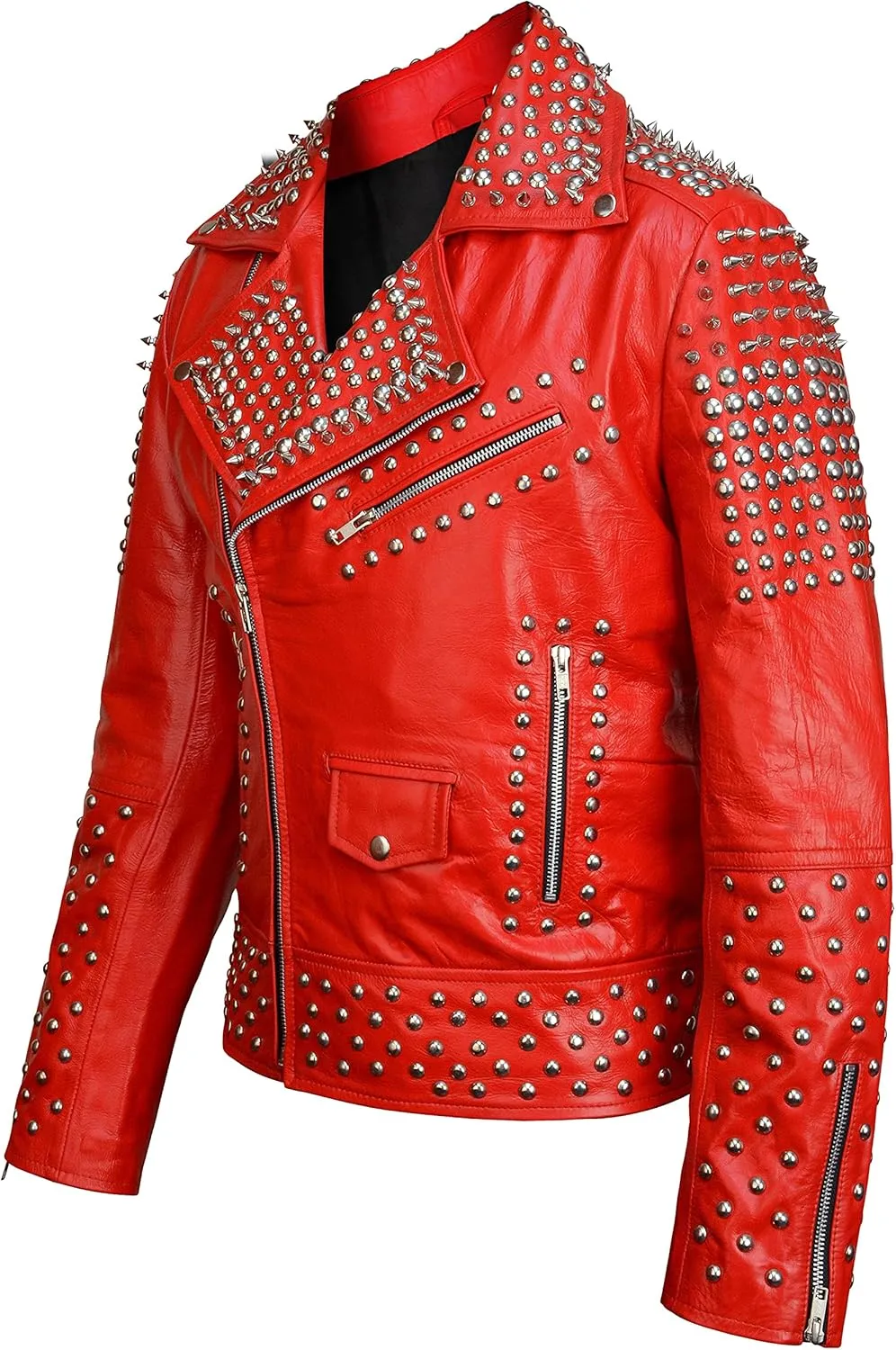 Men,s Brando Motorcycle Jacket - Studded Spikes Punk Rock Multicolor Cowhide Leather Biker Jackets