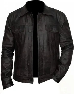Men's Brown Trucker Vintage Motorcycle Western Biker Slim Fit Genuine Leather Trucker Jacket