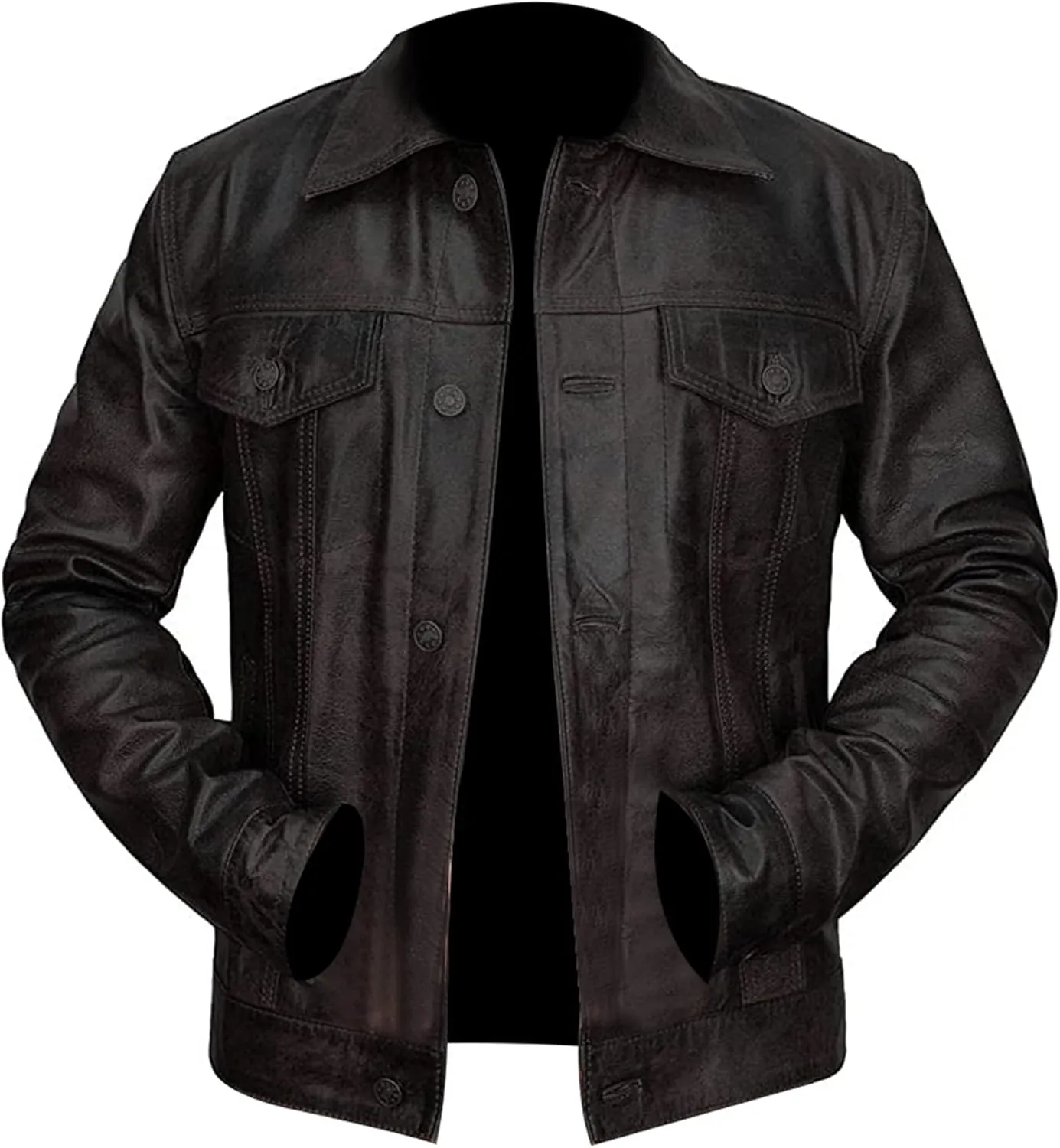 Men's Brown Trucker Vintage Motorcycle Western Biker Slim Fit Genuine Leather Trucker Jacket