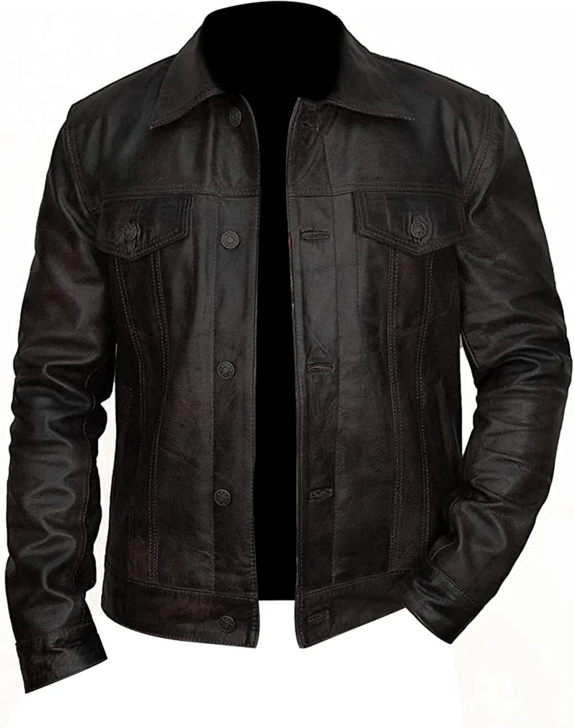 Men's Brown Trucker Vintage Motorcycle Western Biker Slim Fit Genuine Leather Trucker Jacket