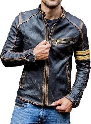 Mens Cafe Racer Vintage Motorcycle Distressed Retro Biker Leather Jacket