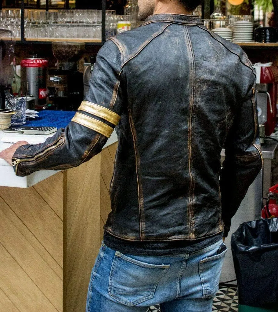 Mens Cafe Racer Vintage Motorcycle Distressed Retro Biker Leather Jacket