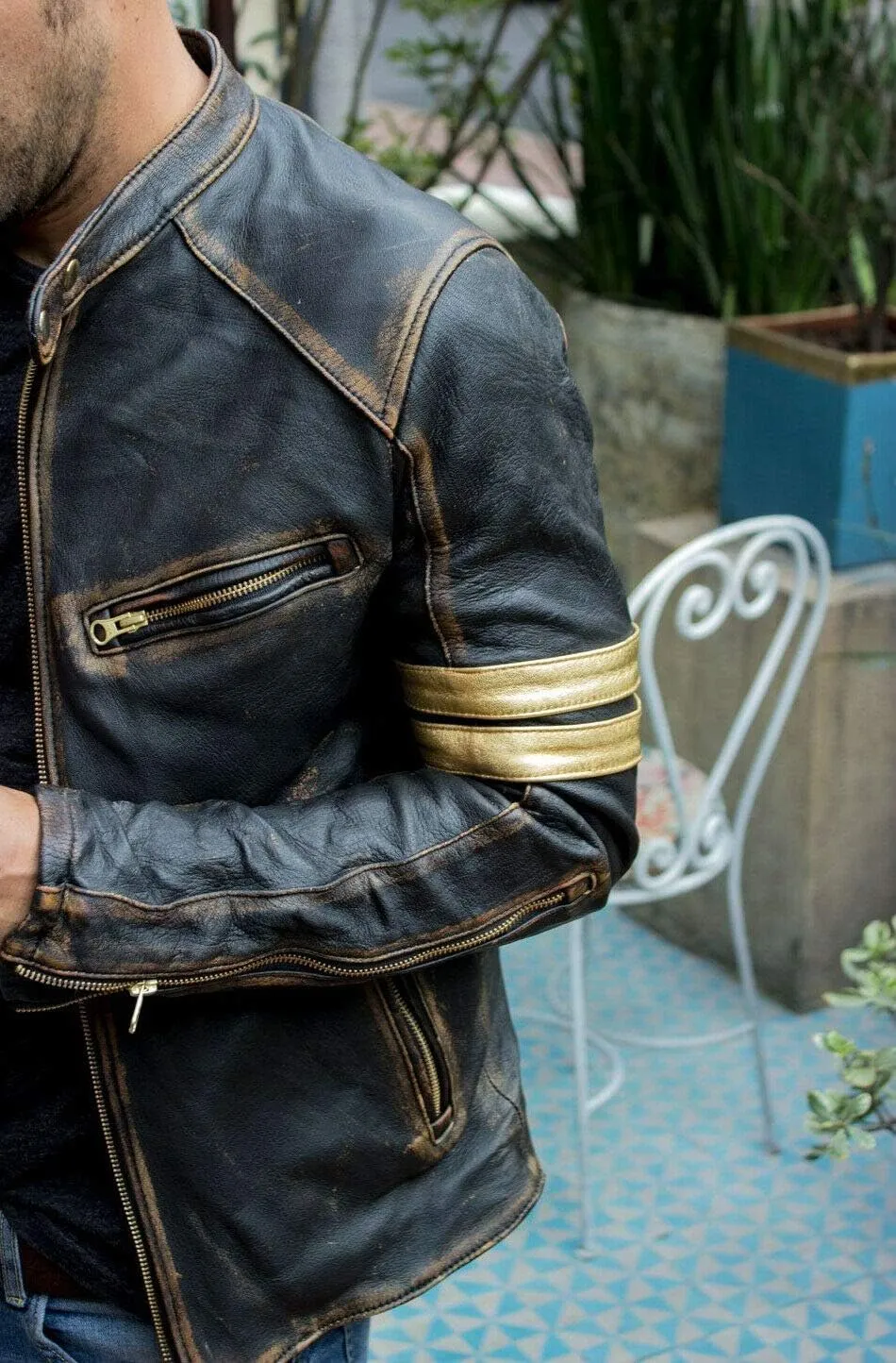 Mens Cafe Racer Vintage Motorcycle Distressed Retro Biker Leather Jacket