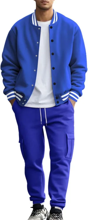 Men's Casual Active Tracksuits Trendy Bomber Jacket Letterman Varsity Jackets Cargo Joggers Sweatpant Matching Sets