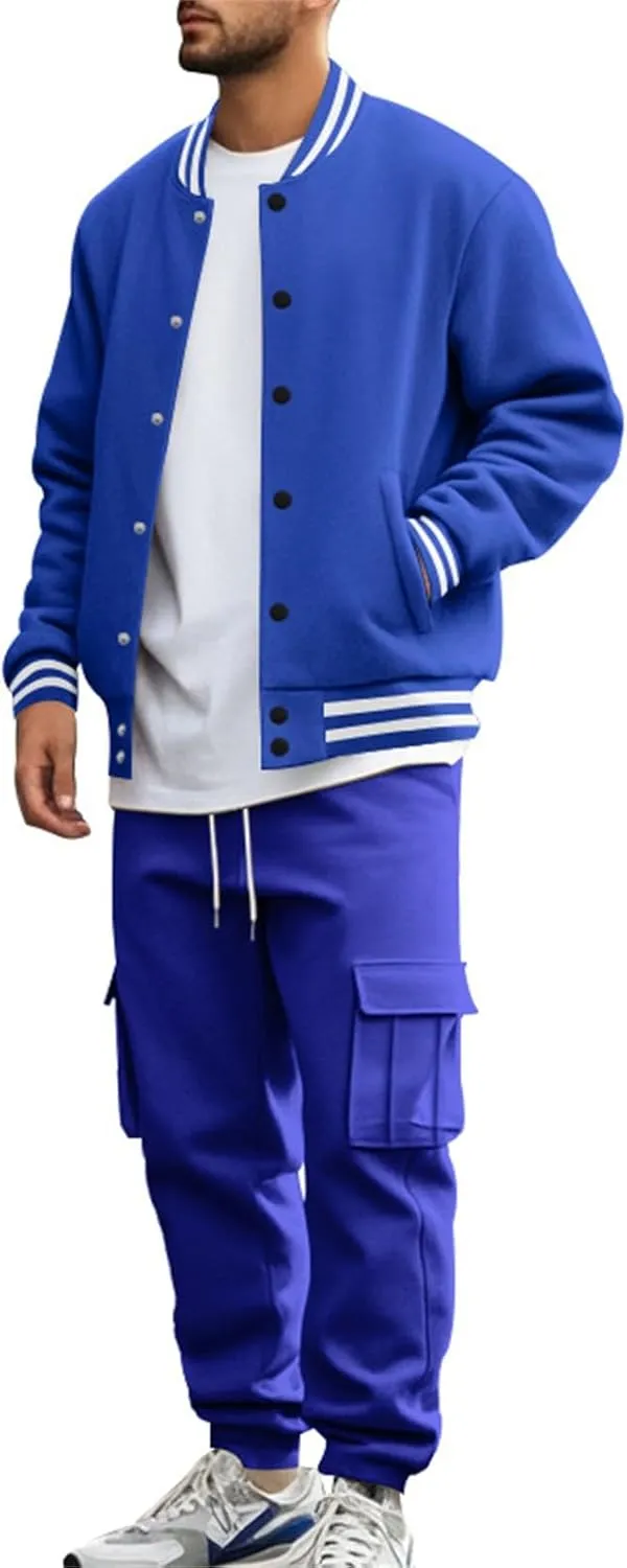 Men's Casual Active Tracksuits Trendy Bomber Jacket Letterman Varsity Jackets Cargo Joggers Sweatpant Matching Sets