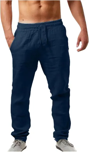 Men's Casual Linen Pants Loose Fit Elastic Drawstring Waist Straight Legs Summer Yoga Beach Long Pants 2024