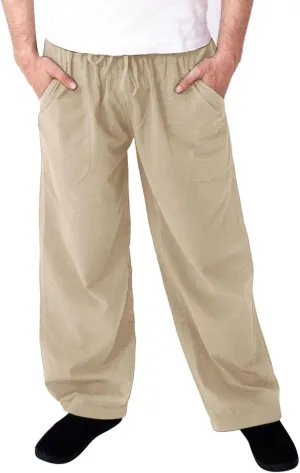 Men's Cotton Linen Pants Drawstring Baggy Hippie Trousers Regular Fit Wide Leg Trousers Lightweight Thin Comfy Pants