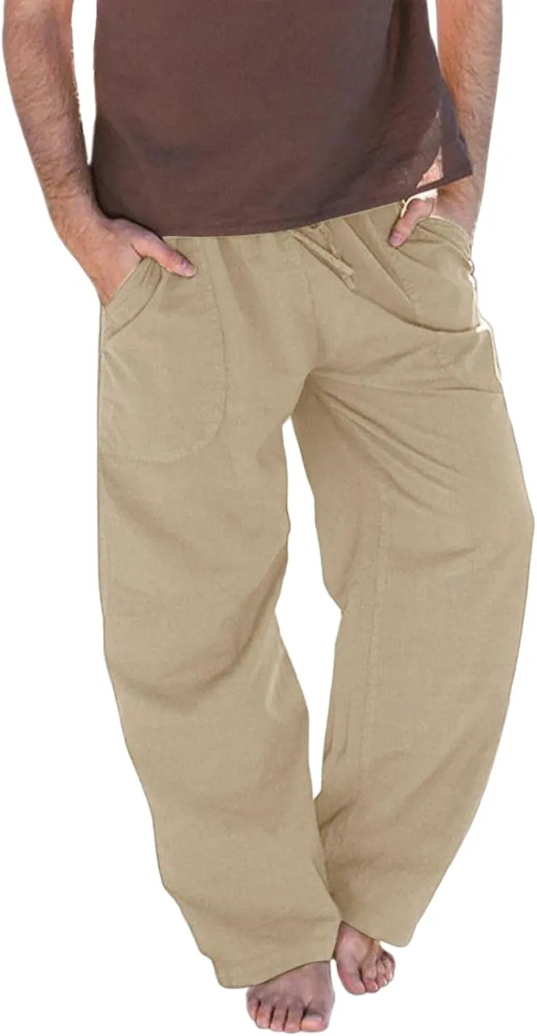 Men's Cotton Linen Pants Drawstring Baggy Hippie Trousers Regular Fit Wide Leg Trousers Lightweight Thin Comfy Pants