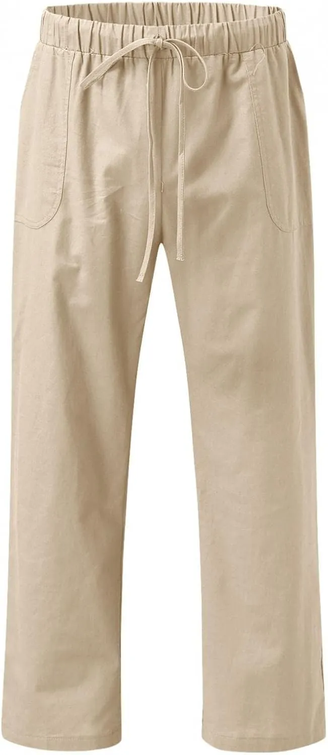 Men's Cotton Linen Pants Drawstring Baggy Hippie Trousers Regular Fit Wide Leg Trousers Lightweight Thin Comfy Pants