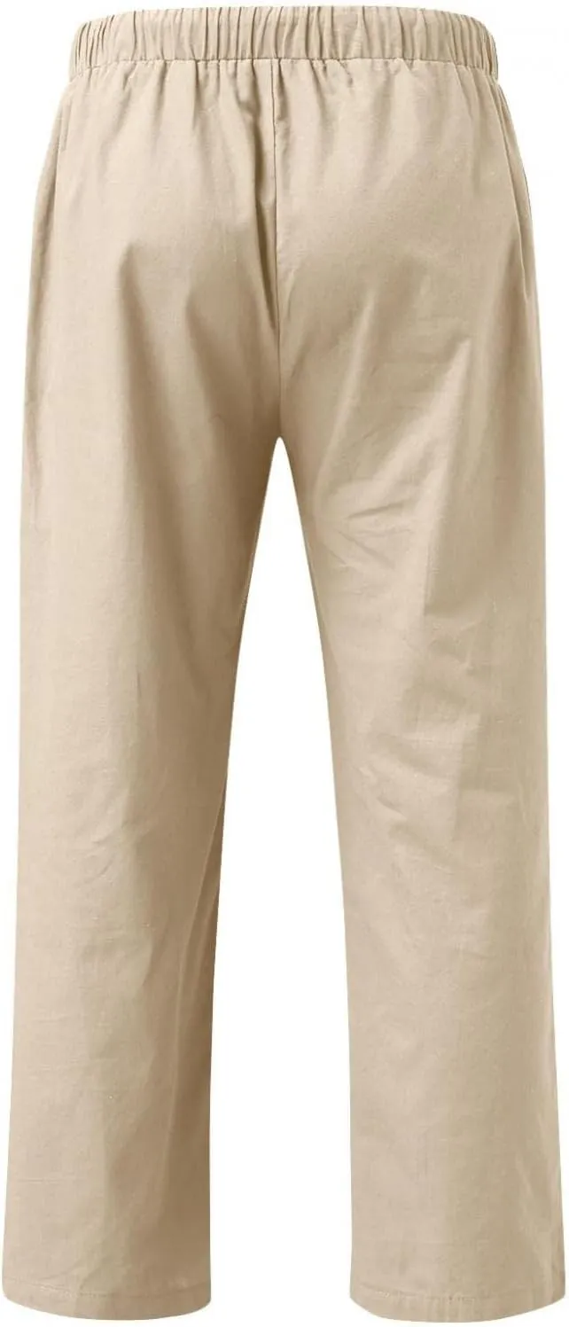 Men's Cotton Linen Pants Drawstring Baggy Hippie Trousers Regular Fit Wide Leg Trousers Lightweight Thin Comfy Pants