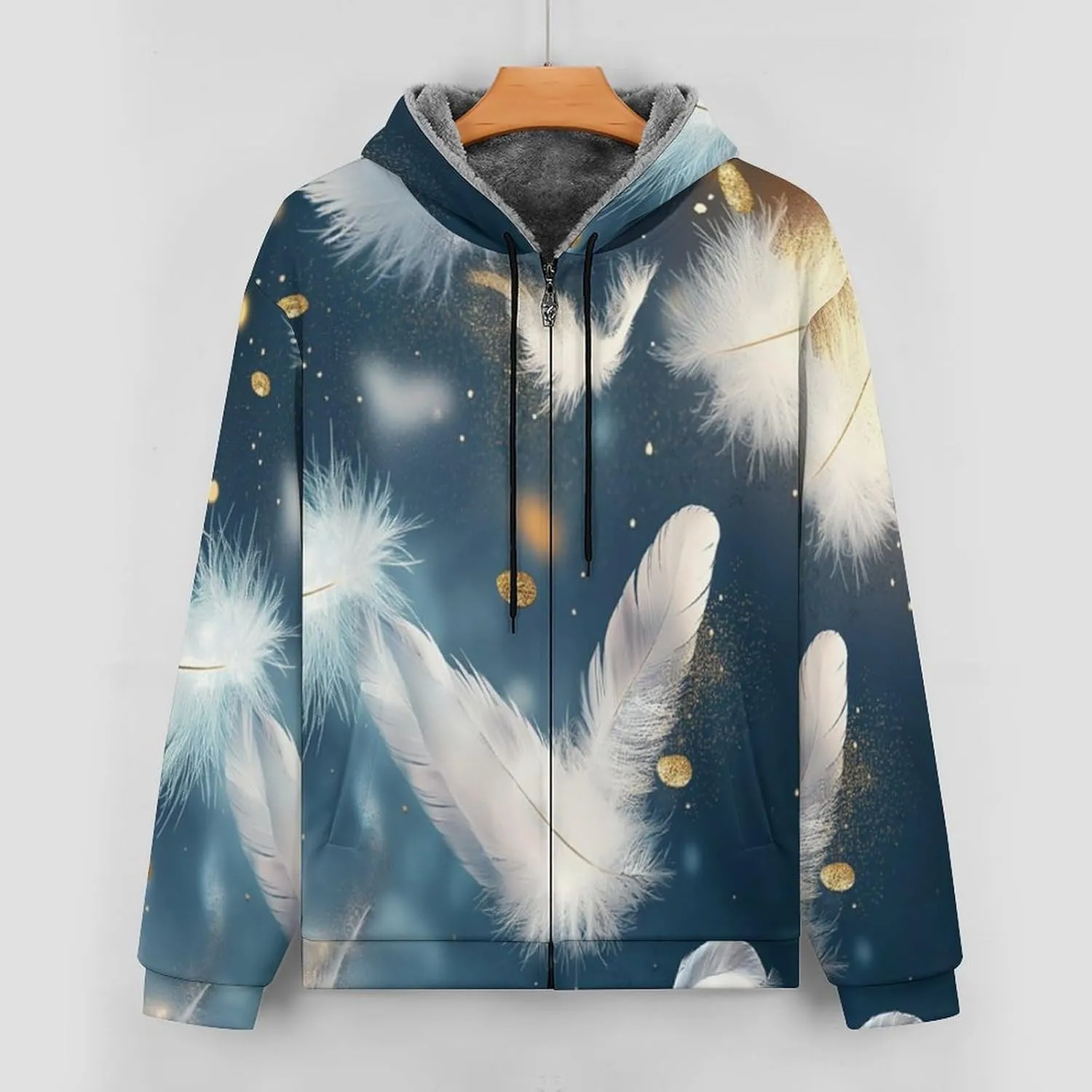 Mens Cotton Padded Fleece Jacket, Winter Full Zip Up Coat, Modern Feathers Hooded Warm Lined Sweatshirts, Windproof