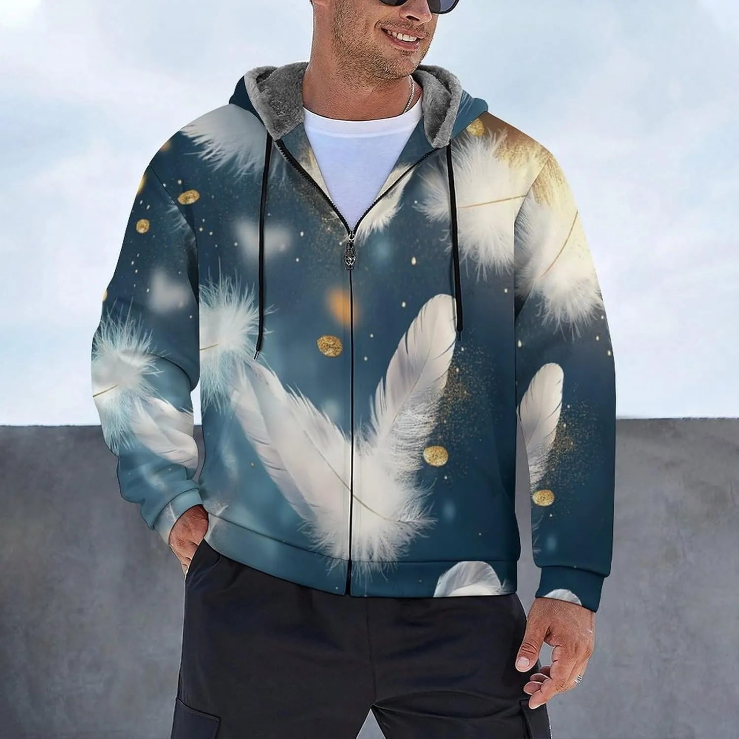Mens Cotton Padded Fleece Jacket, Winter Full Zip Up Coat, Modern Feathers Hooded Warm Lined Sweatshirts, Windproof