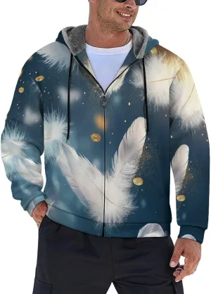 Mens Cotton Padded Fleece Jacket, Winter Full Zip Up Coat, Modern Feathers Hooded Warm Lined Sweatshirts, Windproof