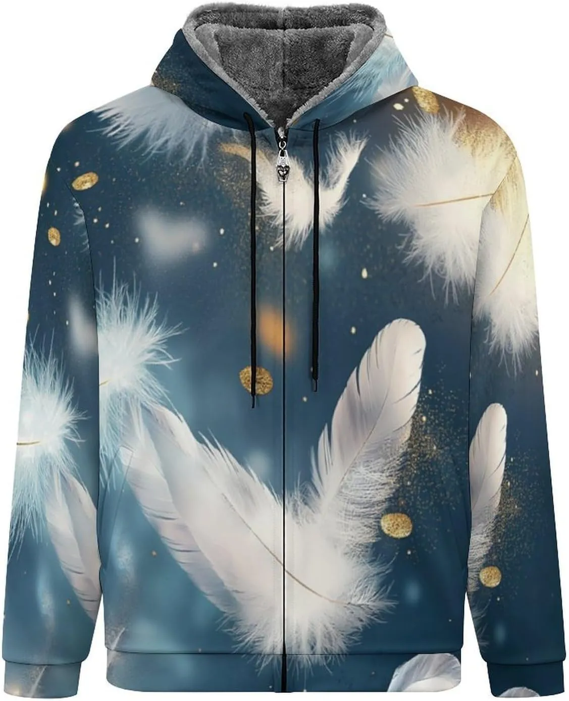 Mens Cotton Padded Fleece Jacket, Winter Full Zip Up Coat, Modern Feathers Hooded Warm Lined Sweatshirts, Windproof