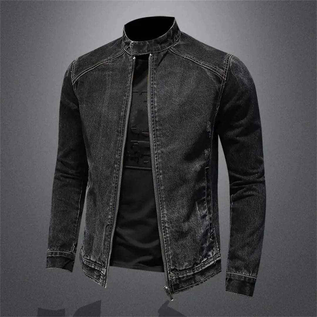 Men's Denim Jackets Black Stand Collar Motorcycle Outerwear Cotton Vintage Jacket Mens Denim Coat