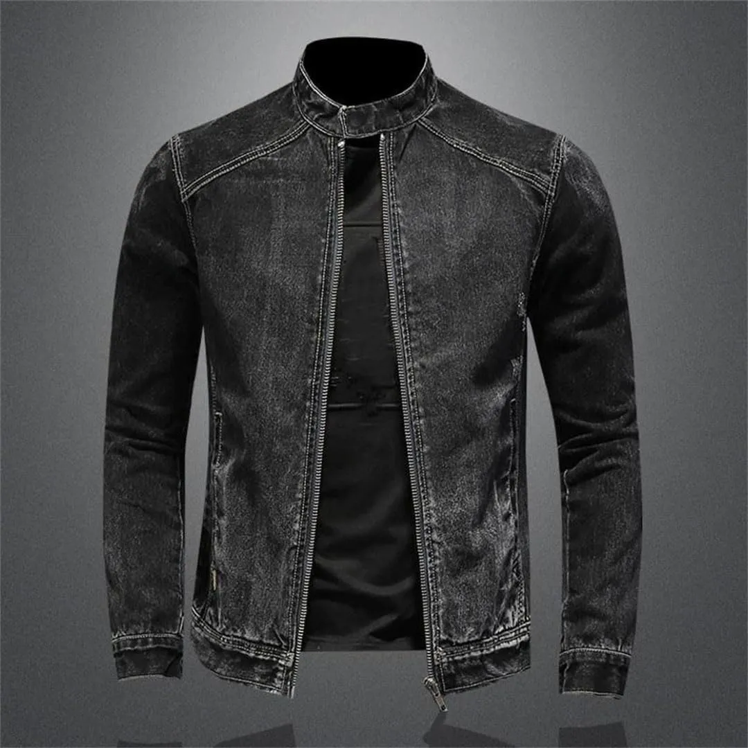 Men's Denim Jackets Black Stand Collar Motorcycle Outerwear Cotton Vintage Jacket Mens Denim Coat