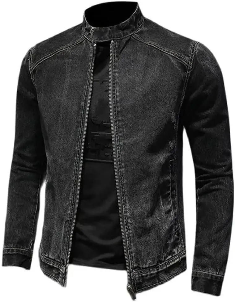 Men's Denim Jackets Black Stand Collar Motorcycle Outerwear Cotton Vintage Jacket Mens Denim Coat