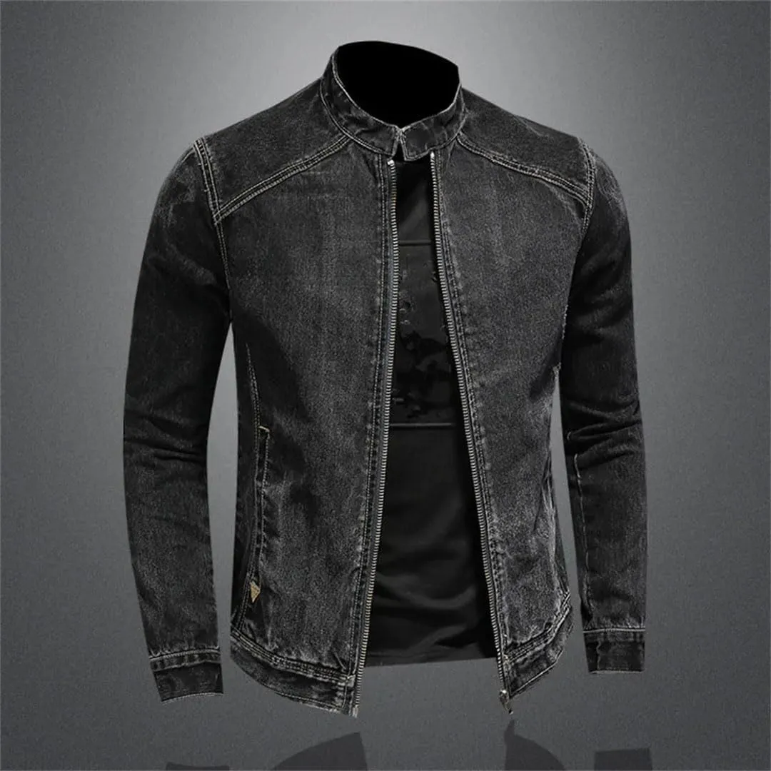 Men's Denim Jackets Black Stand Collar Motorcycle Outerwear Cotton Vintage Jacket Mens Denim Coat