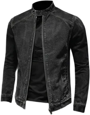 Men's Denim Jackets Black Stand Collar Motorcycle Outerwear Cotton Vintage Jacket Mens Denim Coat