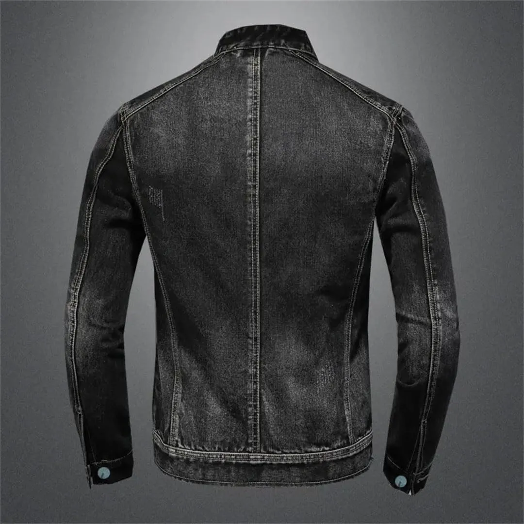 Men's Denim Jackets Black Stand Collar Motorcycle Outerwear Cotton Vintage Jacket Mens Denim Coat