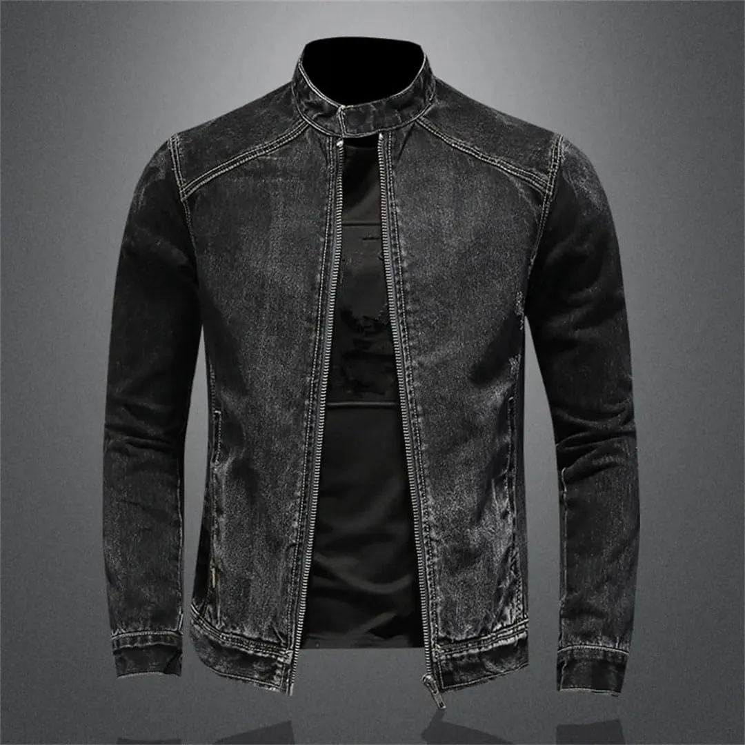 Men's Denim Jackets Black Stand Collar Motorcycle Outerwear Cotton Vintage Jacket Mens Denim Coat