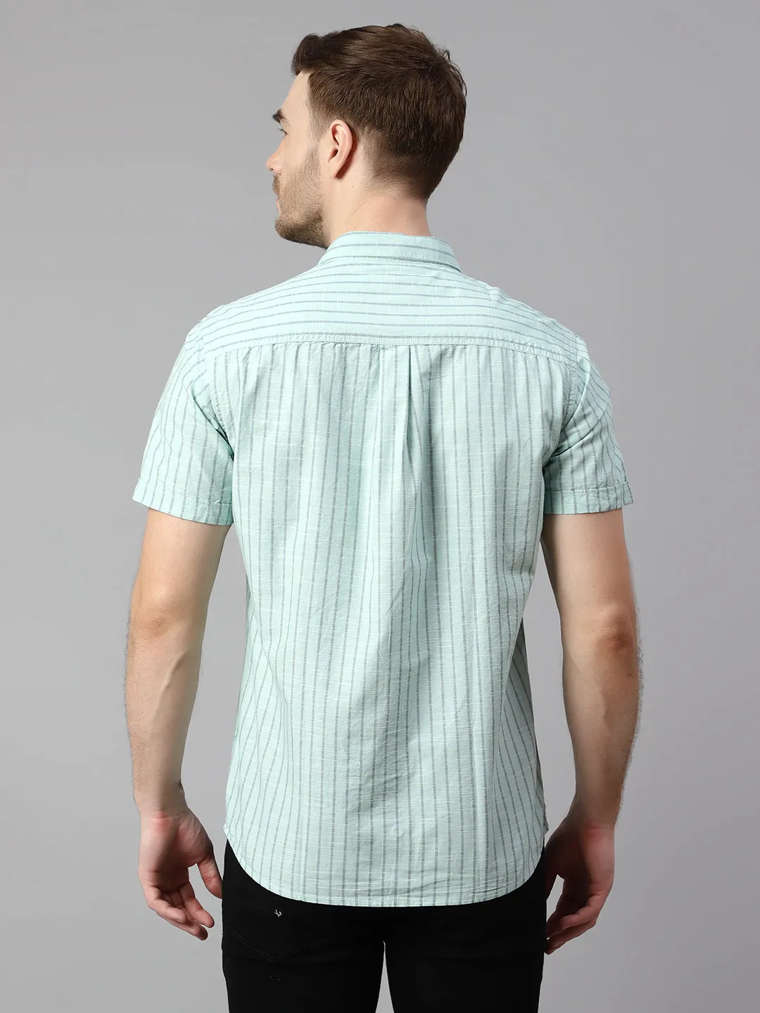 Men's Green Casual Narrow Stripe Half Sleeve Shirt