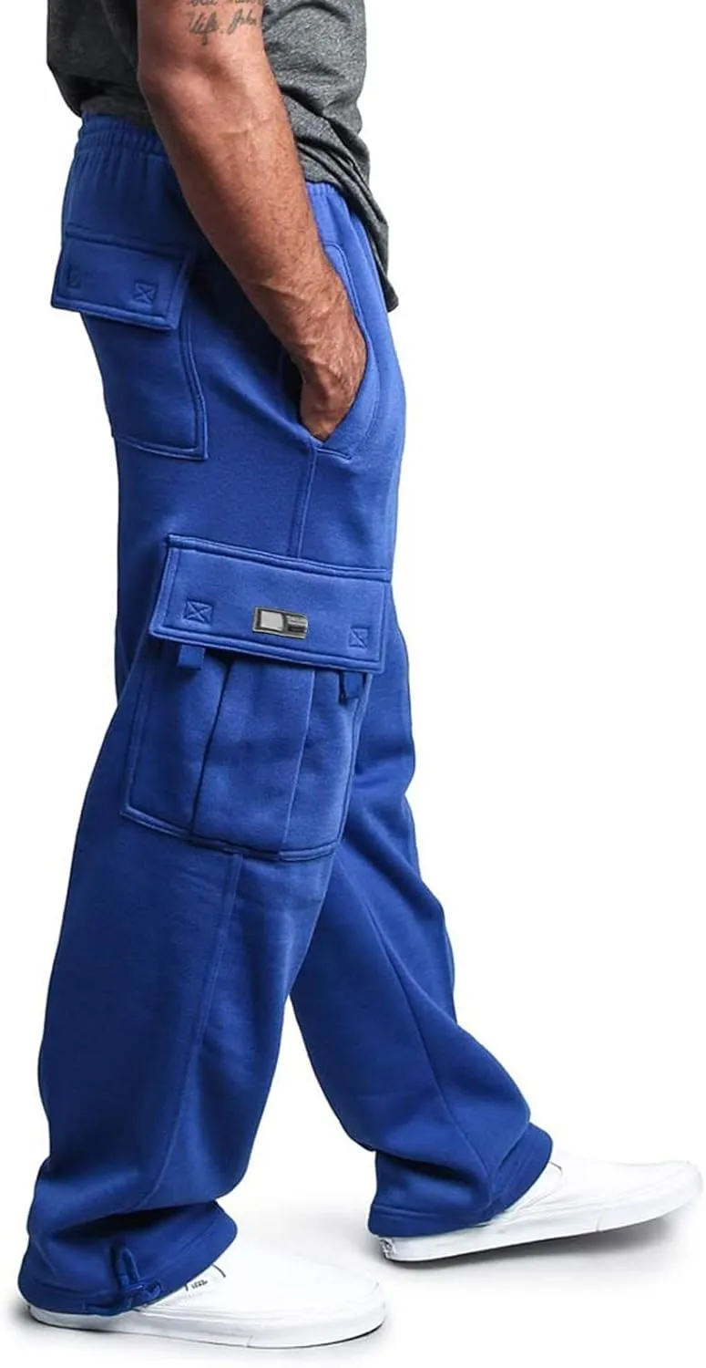 Men's Heavyweight Fleece Cargo Sweatpants Drawstring Elastic Waist Open Bottom Athletic Joggers Pants for Men with Pockets