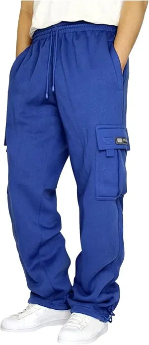 Men's Heavyweight Fleece Cargo Sweatpants Drawstring Elastic Waist Open Bottom Athletic Joggers Pants for Men with Pockets