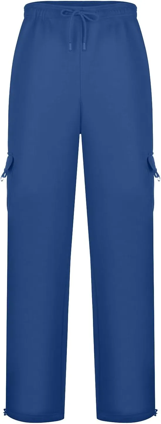 Men's Heavyweight Fleece Cargo Sweatpants Drawstring Elastic Waist Open Bottom Athletic Joggers Pants for Men with Pockets