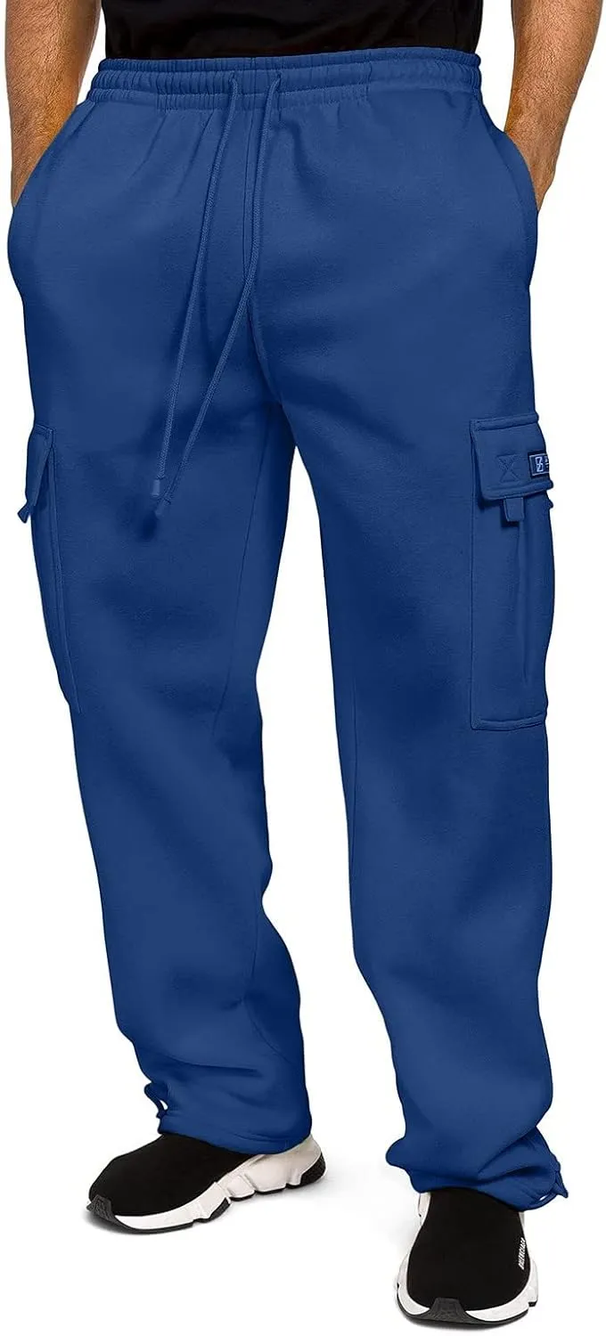 Men's Heavyweight Fleece Cargo Sweatpants Drawstring Elastic Waist Open Bottom Athletic Joggers Pants for Men with Pockets